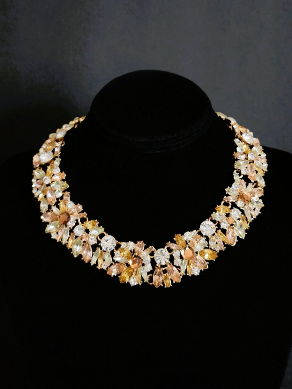 VTG 1990s Pastel Rhinestone Statement Bib Collar Necklace Topaz Pink Heavy 16”